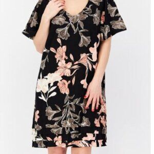 Nicole Miller Original Dress Short Sleeves Pink Floral Knee Length Linen Blend S